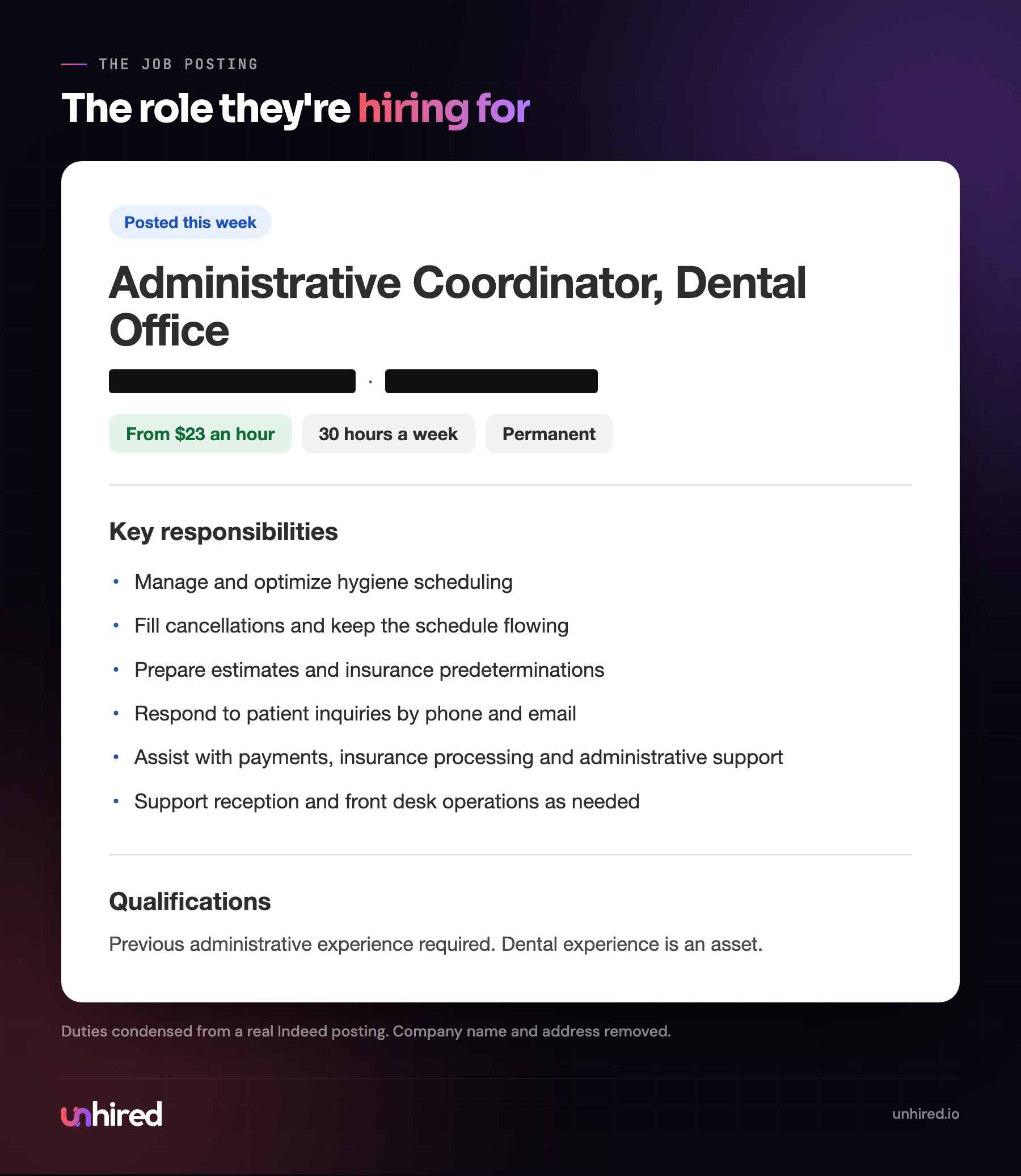 The job posting, company name and address removed